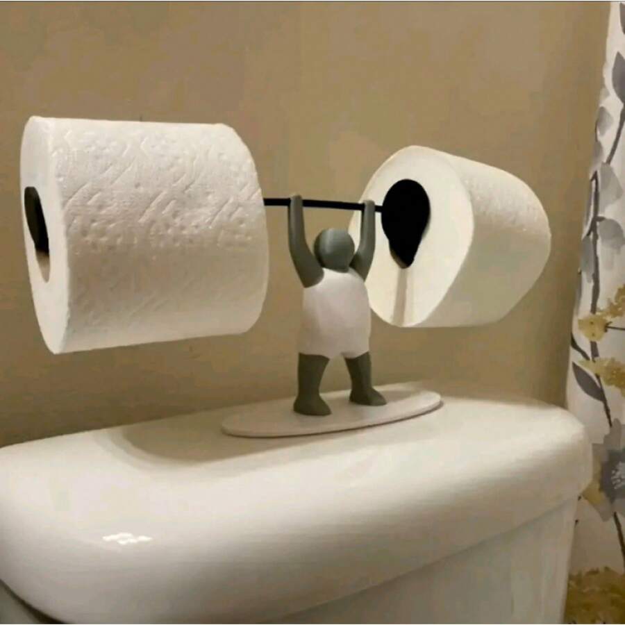 Ein lustiger und origineller Toilettenpapierhalter mit Gewichtheber-Motiv: Hergestellt aus einem einzigartigen 3D-gedruckten Kunststoff, steht er von alleine auf dem Toilettentank und eignet sich perfekt zur Dekoration von Bad und Küche. - Einheitsgröße - Übersicht 1