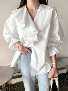 Blusa suelta con escote en V, volantes y parches elegante - Negro - Ver 3