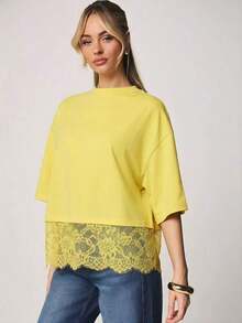 Camiseta de corte relajado y cuello redondo con ribete de encaje para comodidad casual de primavera y verano - Amarillo - Ver 4