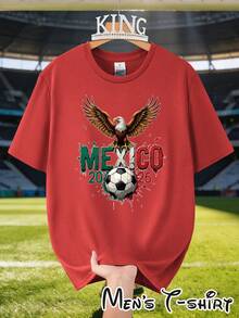 [Popular Licensed Design] Short-Sleeved T-Shirt With Mexico 2026 World Cup And Eagle " Warrior Style" Print, Latin American Style, Urban Fashion, Fan Support, Wild Eagle Retro Style, Suitable For Daily Wear, Parties, Dinners, Travel And Bar Outings, A Gift For Mexican Fans. - 紅色 - 查看 3