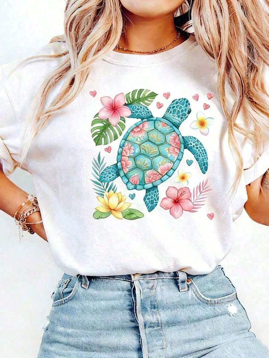 Women's T-Shirt With Floral Sea Turtle Print, Summer T-Shirt For Women, Beach T-Shirt, Ocean T-Shirt, Gift For Nature Lovers, Unisex Graphic T-Shirts, Funny T-Shirt - 白色 - 查看 1