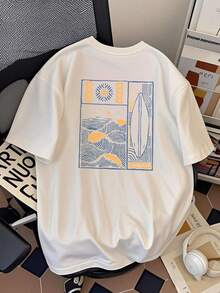 Men's Japanese-Style T-Shirts With Ocean Wave Print, 230 G/M², 100% Heavyweight Cotton, Fashion Brand T-Shirts, Short Sleeve, Casual, Oversized Tops For Men. - 黑色 - 查看 2