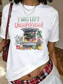 Funny T-Shirt With "They Left Me Unsupervised In The Gardening" Print For Moms And Dads, Short Sleeve Crew Neck T-Shirt, Casual Top For Summer And Spring, Women's Clothing - High Quality - 白色 - 查看 6