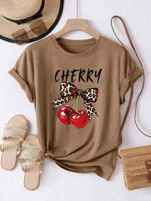Women's Oversized Brown Summer 2026 T-Shirt With Leopard Print Bow And Red Cherries, Animal Print Bow And Cherry Design, Flirty Style To Pair With Leggings Or Skinny Jeans - YH549-棕色 - 查看 2