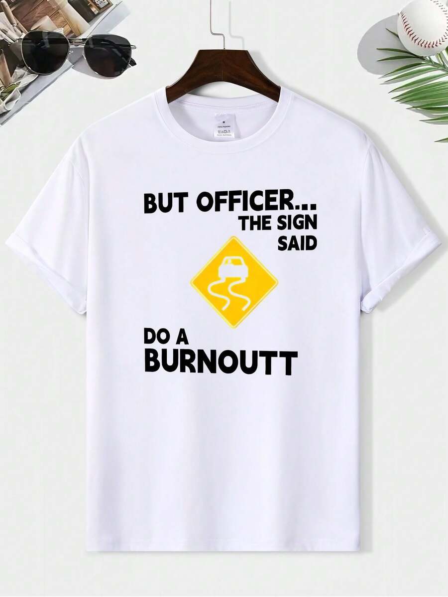 New Men's T-Shirt With Custom Warning Letter Print, Ideal For Summer Travel, Comfortable And Versatile For Everyday Casual Wear, Fashionable Men's Short-Sleeved Crew Neck T-Shirt. - 白色 - 查看 1