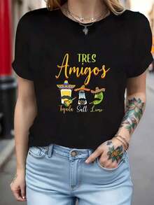 Plus Size Graphic T-Shirts - Plus Size - Women's Plus Size T-Shirt With "Three Friends Salt Lime Shot" Letter Print, Short Sleeve, Round Neck, Casual Top For Summer And Spring, Women's Clothing 100% Cotton Soft - 黑色 - 查看 1
