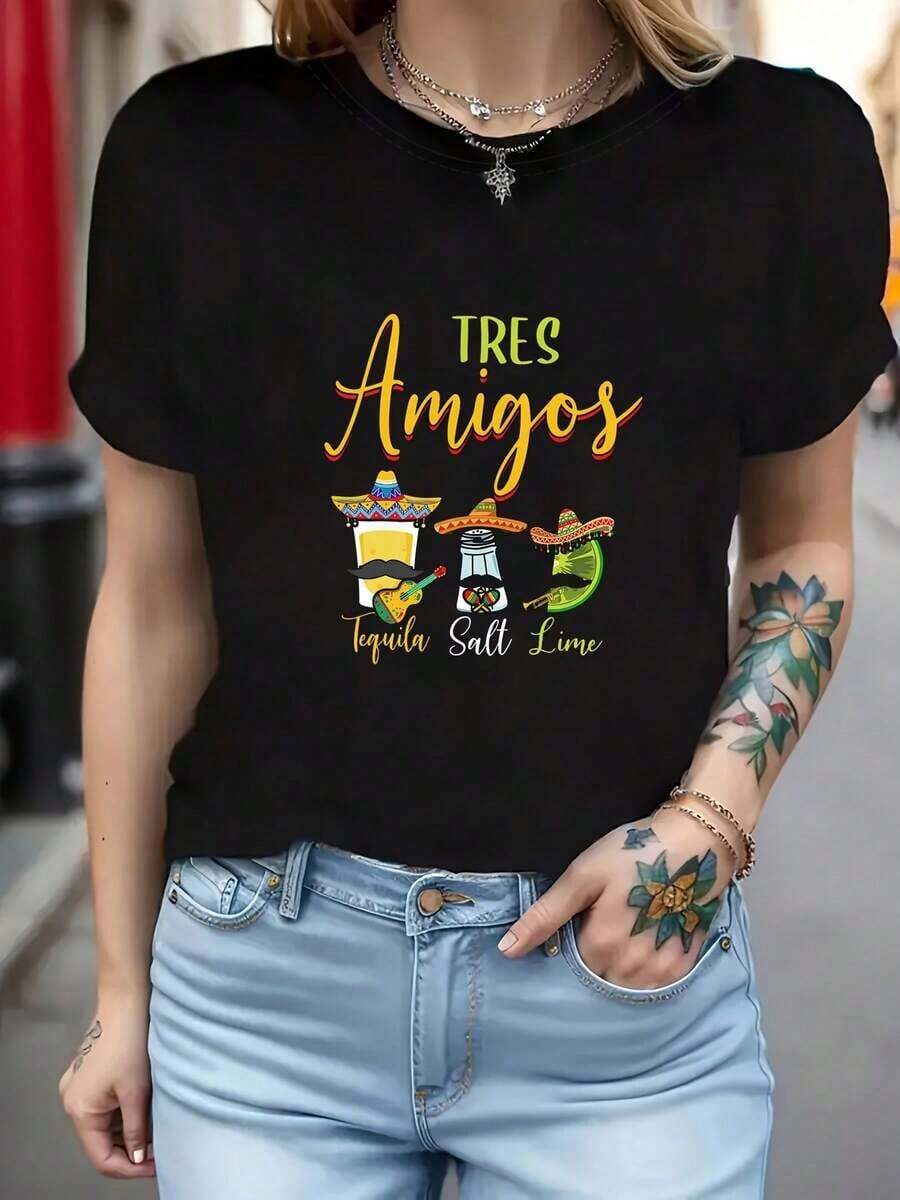 Plus Size Graphic T-Shirts - Plus Size - Women's Plus Size T-Shirt With "Three Friends Salt Lime Shot" Letter Print, Short Sleeve, Round Neck, Casual Top For Summer And Spring, Women's Clothing 100% Cotton Soft - 黑色 - 查看 1