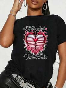 TrendyLadies Popular Fashion Casual T-Shirt For Valentine's Day, Women's White Cotton T-Shirt With Romantic Book Heart Graphic, Fun Print, Round Neck, Short Sleeve, Suitable For: Sporting Events/Christmas Parties/Outings/Sports And Other Christmas Gifts, Daily Wear - 黑色 - 查看 6