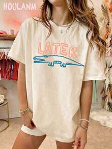 Women's Crocodile Print T-Shirt "Later Gator" | Spring Tops, Plus Size Short Sleeve T-Shirt, Women's Clothing, Summer Clothes For Women - 香檳色 - 查看 6