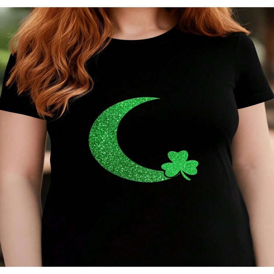 Camiseta de mujer con Diseño de trébol lunar para celebración del Día de San Patricio, ropa casual, amuleto de la suerte, Diseño 2D, blusas bonitas para mujer, camiseta de mujer casual de Diseño holgado, holgada y ligeramente extendida S-XXXL - Negro - Ver 1