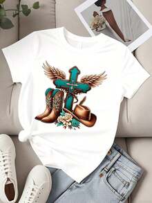 Women's Round Neck T-Shirt With Western Cross Print Featuring Wings, Cowboy Boots, Hat And Flowers, Short Sleeve, Casual Wear For Daily Outings And Country Style Events, Casual Blouses For Ladies. - 白色 - 查看 2