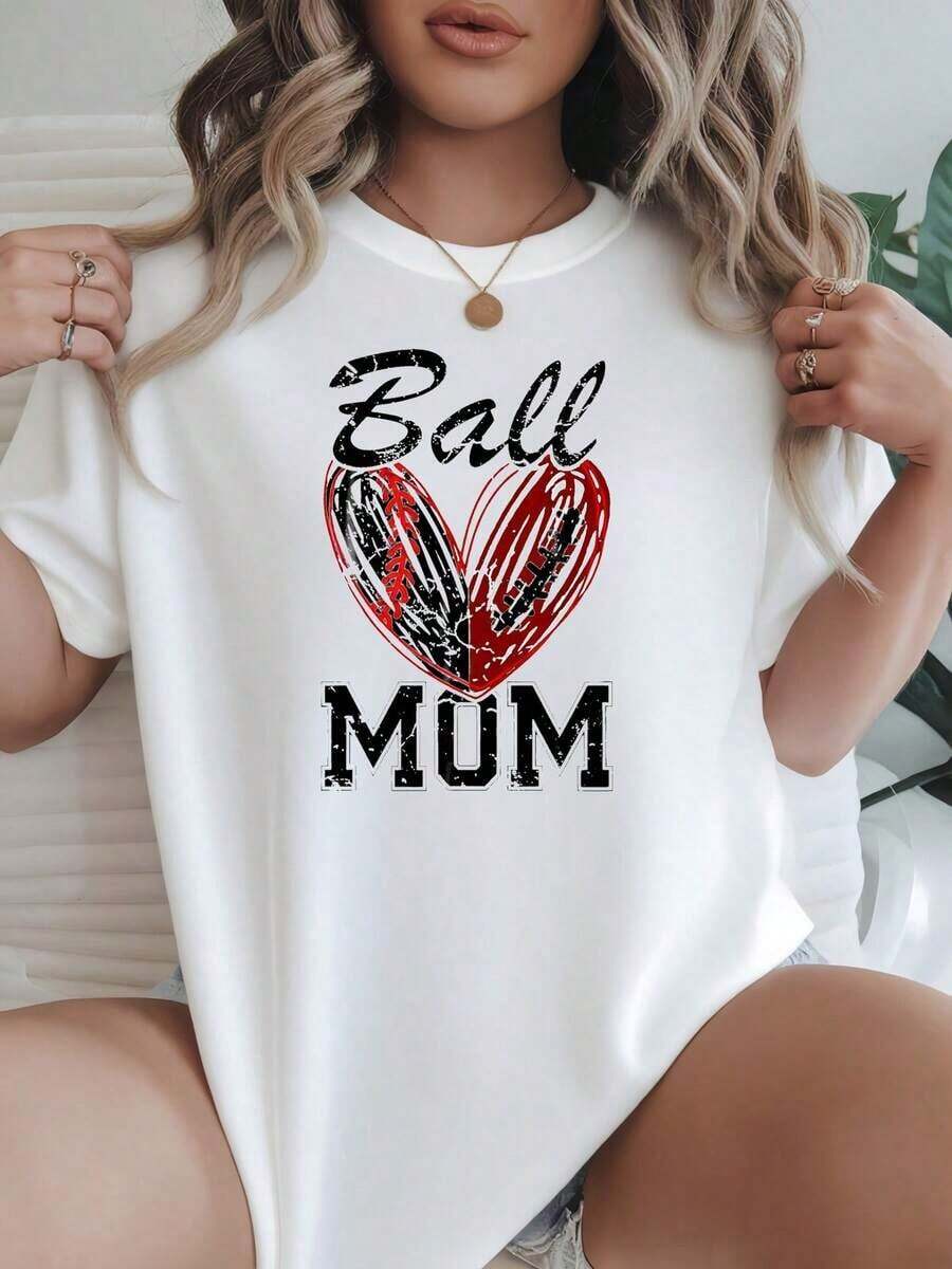 Women's Casual Round Neck Short Sleeve T-Shirt, Available In Black And White, With A Mom Heart Graphic Print, Perfect For Everyday Wear, Summer Tops, Graphic Tees, Summer Sets, Cropped T-Shirts For Women, Casual Blouses For Ladies - 白色 - 查看 1