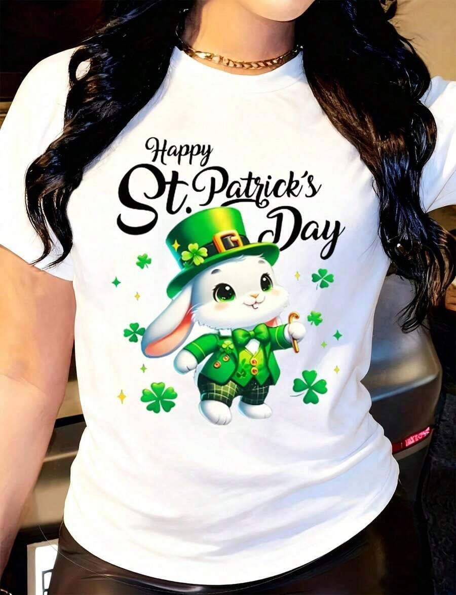 Camiseta de mujer con diseño de leprechaun, conejo, sombrero verde y traje de trébol, cuello redondo, manga corta, adecuada para uso diario al aire libre, perfecta para todas las estaciones. - Blanco - Ver 1