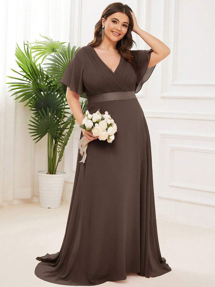 EVERPRETTY Vestido de dama de honor elegante de talla grande con cuello en V y cintura fruncida en color marrón, adecuado para bodas, cenas, fiestas de cumpleaños, San Valentín y primavera