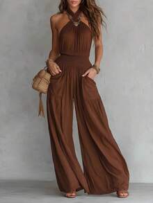 Bohemian-Style Sleeveless Wide-Leg Jumpsuit With Open Back, Ruching, And Pockets - Dark Brown - View 5