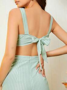 VCAY Jumpsuit de tirantes de rayas de espalda abierta con nudo - Multicolor - Ver 3