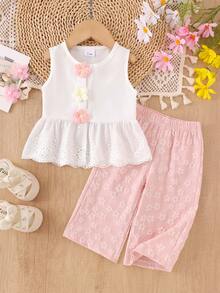2pcs Baby Girls Elegant Hollow Floral Trim Vest Top And Pink Jacquard Pants Set, Cute Spring/Summer Outfit - White - View 1