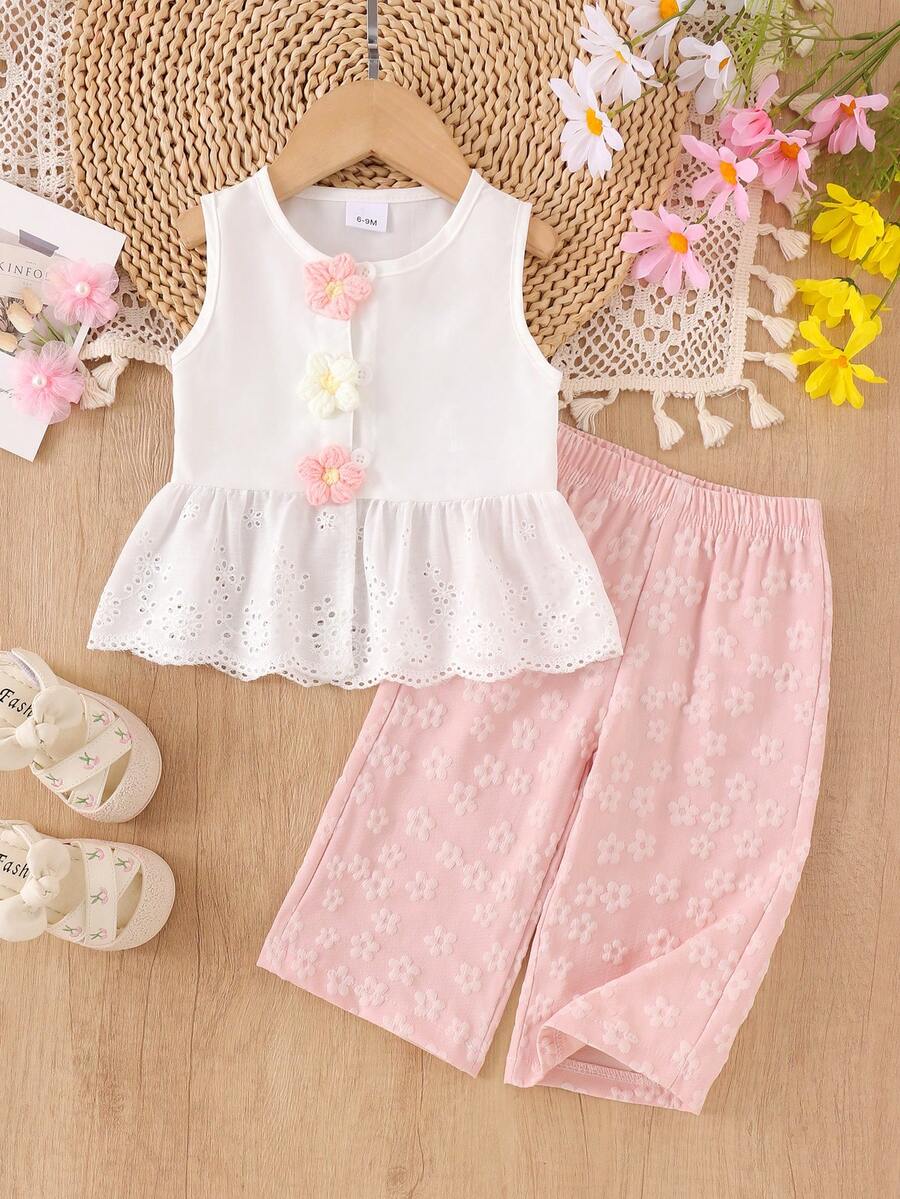 2pcs Baby Girls Elegant Hollow Floral Trim Vest Top And Pink Jacquard Pants Set, Cute Spring/Summer Outfit - White - View 1