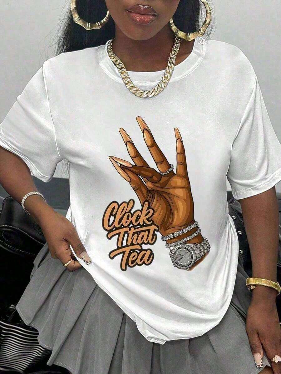 Soft Clock Tea Women's Casual Sports T-Shirt, Soft And Elastic Short Sleeves, Casual Fit For Spring, Summer And Autumn, Breathable Fabric T-Shirt, A Gift For Loved Ones, Short Sleeve T-Shirt For Halloween, Summer, Suitable For Women's Summer Outfits, Casual Blouse For Women, Blouses For Women, Cotton T-Shirts For Women - 白色 - 查看 1
