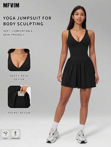 MFVIM 女士健身瑜伽连衣裙，多功能柔软亲肤面料休闲打底裤，适合日常通勤、户外跑步、骑行、瑜伽、普拉提、健身房锻炼 - 黑色 - 查看 2