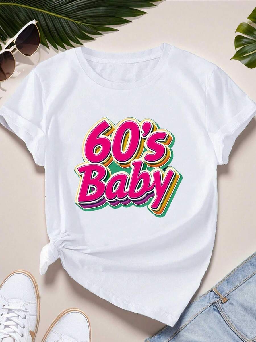 Women's 60s Printed T-Shirt With Colorful Text - Casual Short Sleeve Crew Neck T-Shirt With Front Knot, Relaxed Fit For All Seasons, Perfect For Everyday Wear And Holiday Outfits (Machine Washable). - 白色 - 查看 1