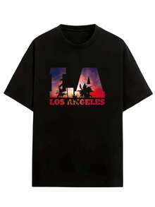 2026 Oversized Black Short Sleeve T-Shirt With Los Angeles Sunset Graphic, Casual Wear, Graphic Tees For Women, Casual Blouses For Women - 黑色 - 查看 4