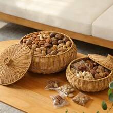 Cesta de almacenamiento redonda con tapa de imitación de ratán tejida a mano, caja de pan, organizador de frutas para cocina, mesa de comedor, despensa, decoración del hogar, contenedor de mimbre con asas, estilo rústico, organizador decorativo - Marrón - Ver 2