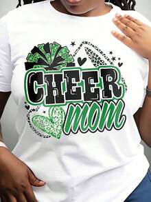 Camiseta "Cheer Mom" con estampado de leopardo verde y diseño de pompones para madres de animadoras, regalo para el Día de San Patricio, 220g - Estilo vintage urbano, unisex, de algodón, manga corta, cuello redondo, 100% algodón. - Blanco - Ver 3