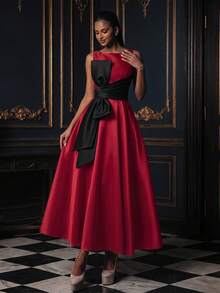 Smilprince 女士无袖圆领正式连衣裙，长款喇叭裙摆，撞色网纱蝴蝶结腰带，优雅编织长裙 - 紅色 - 查看 3