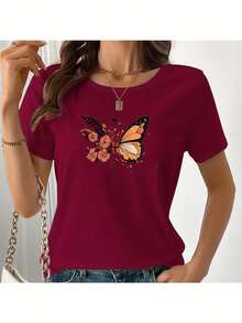 Camiseta Casual de Mujer con Diseño de Mariposas y Flores - Diseño pintado a mano, tela de algodón puro suave, mangas cortas, cuello redondo, top de verano transpirable, lavable a máquina, regalo perfecto para ella, adecuada para todas las estaciones. IJWL - Burdeos - Ver 4
