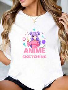 Limited Time Offer, Limited Quantity Available, Lightning, Women's Shirts, Women's T-Shirts. Custom Crew Neck T-Shirt With Interesting Print "Just A Girl Who Loves Anime And Sketching" For Women, Anime Fan Art Design, Cute Cartoon Character Graphic Tee, Great For Gifts. - 白色 - 查看 9