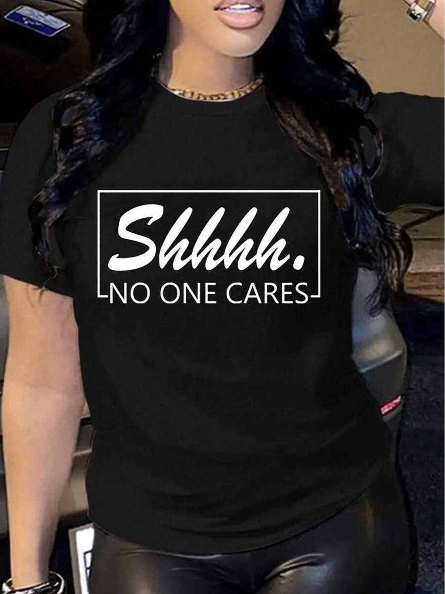 Soft, 100% Cotton Women's Plus-Size T-Shirt With A "Shhh" Print, Casual Style, And Relaxed Fit. Breathable Cotton T-Shirt That Goes With Everything-Great! - 黑色 - 查看 1