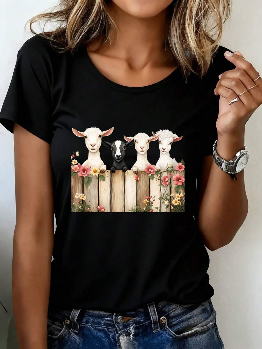 Women's Casual Sports T-Shirt With Sheep Design - Black Round Neck Elastic T-Shirt, Machine Washable, Comfortable Fit And Suitable For All Seasons, For Women With Dark Skin, Perfect For Casual Occasions. - 黑色 - 查看 1