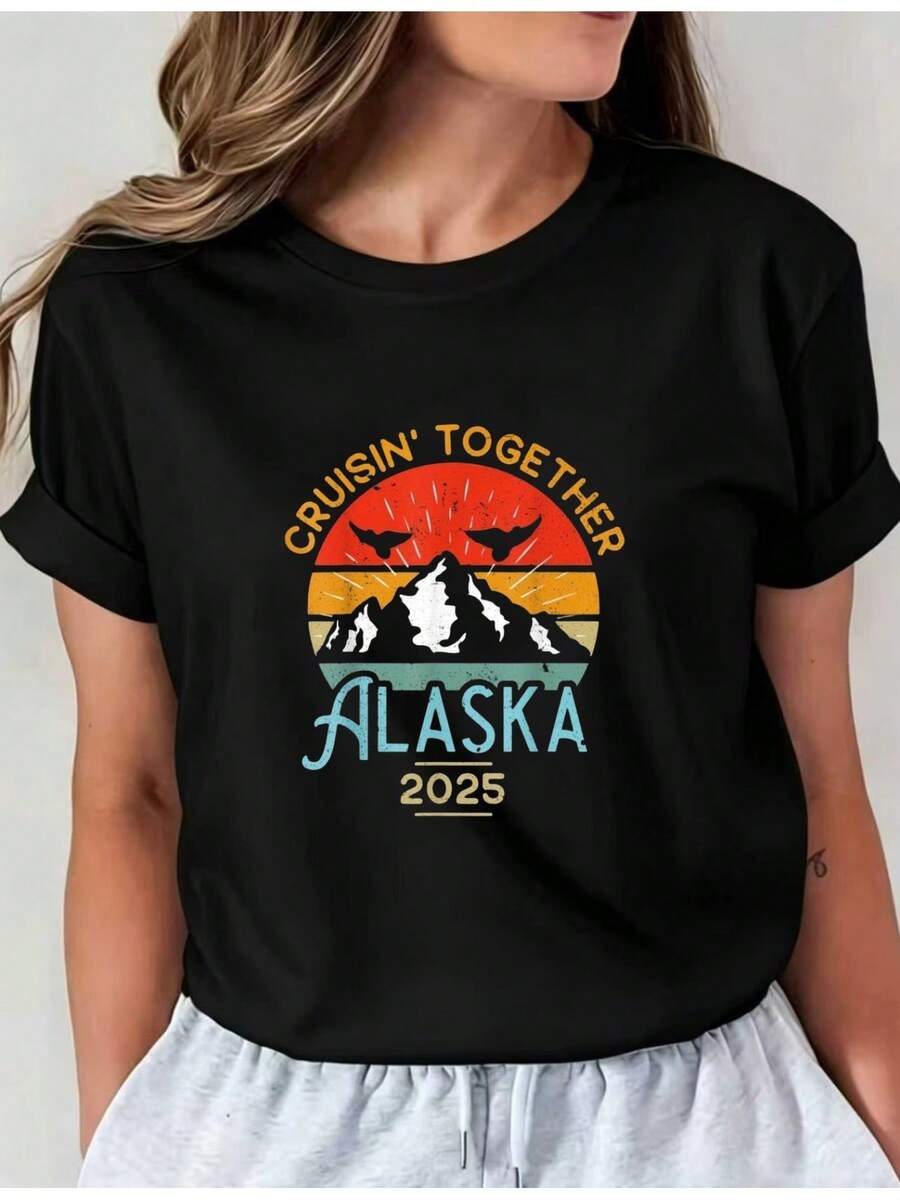 Camiseta Deportiva Casual para Mujer con Diseño Colorido de Atardecer en Alaska 2025 - Camiseta Negra Elástica y de Cuello Redondo, Lavable aáquina, Ajuste Cómodo para Todas las Estaciones, Ropa Casual Femenina con Estilo Único. - Negro - Ver 1