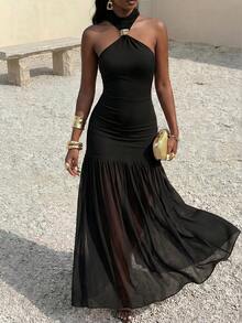 Women's Brown Halter Maxi Dress | Metal Buckle Ruched Waist Ruffle Hem Party Dress - Black - View 4