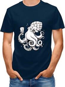 Men's T-Shirts, Octopus Design, Funny Graphic Print Tee, Black - Black - View 1