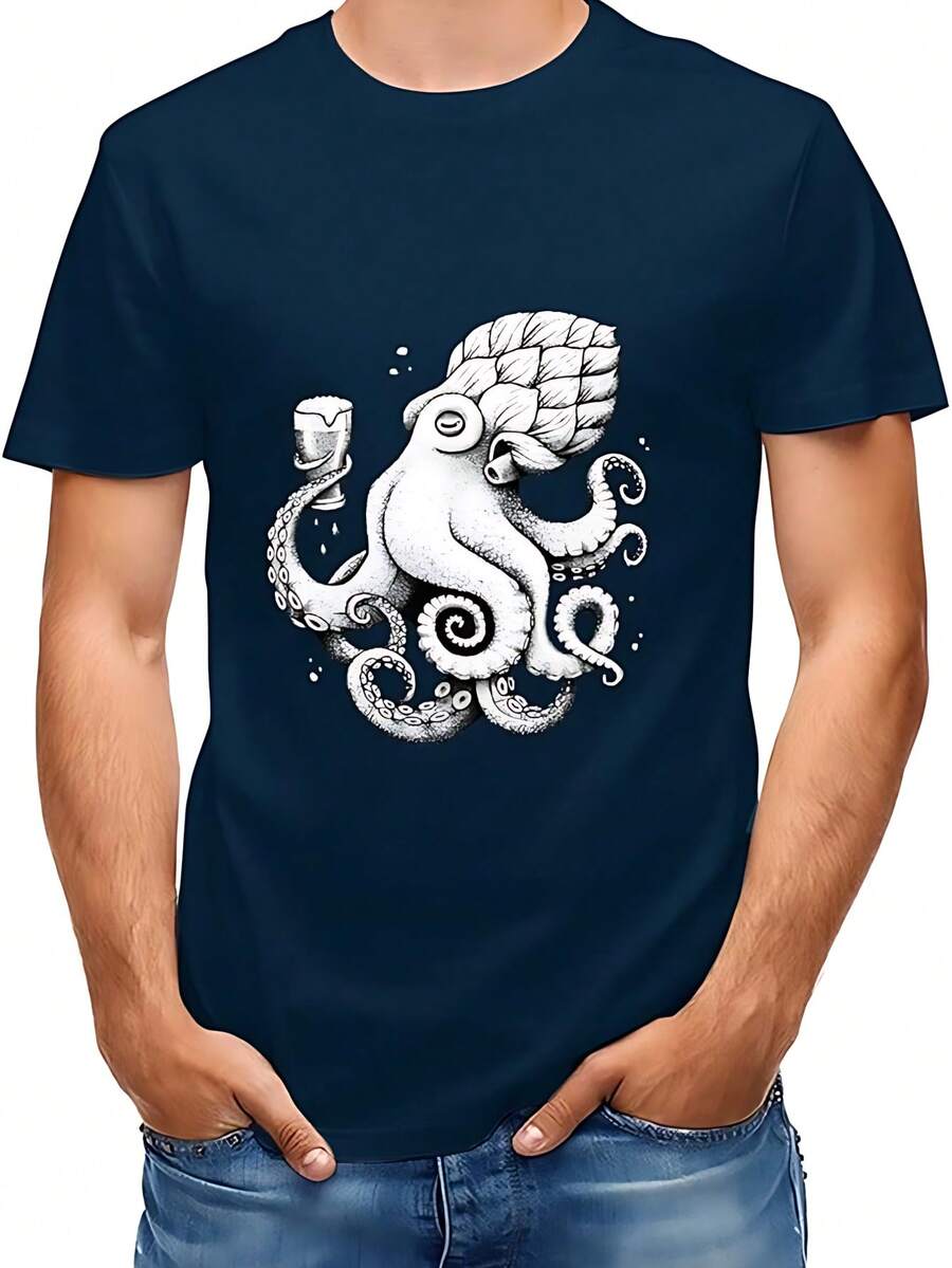 Men's T-Shirts, Octopus Design, Funny Graphic Print Tee, Black - Black - View 1