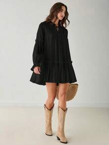 Romantic Black Ruffled Casual Dress With A Sweetheart Neckline, Perfect For Spring/Winter. A Sweet And Elegant Outfit For Valentine's Day, Christmas Parties, New Year's, Birthdays, Holidays, Dates, And Everyday Wear. - 黑色 - 查看 6
