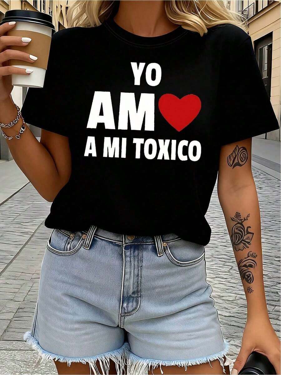 Women's Spanish Graphic T-Shirt YO AM A MI TOXICO (I'm A Toxic) - Red Heart And Spanish Text, Lightweight Casual Short Sleeve Crew Neck T-Shirt - 黑色 - 查看 1