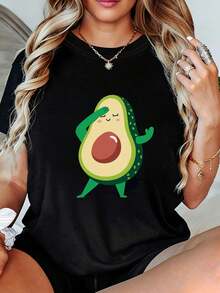 Camiseta de Mujer con Diseño Divertido de Aguacate Bailando - Camiseta de manga corta suave y transpirable con un divertido estampado de aguacate, cuello redondo informal, ideal para amantes de la comida, regalo para fiestas de cumpleaños, ropa para primavera, verano y otoño. - Negro - Ver 12