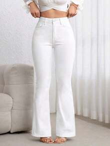 Jeans de mezclilla casual con bolsillo frontal y cierre de botones, para uso diario - Blanco - Ver 6