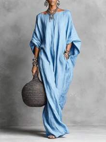 Elegant Solid Color Casual Maxi Dress, European American Retro Style 2026, Women's Long Sleeve Off-Shoulder - 酒紅色 - 查看 1