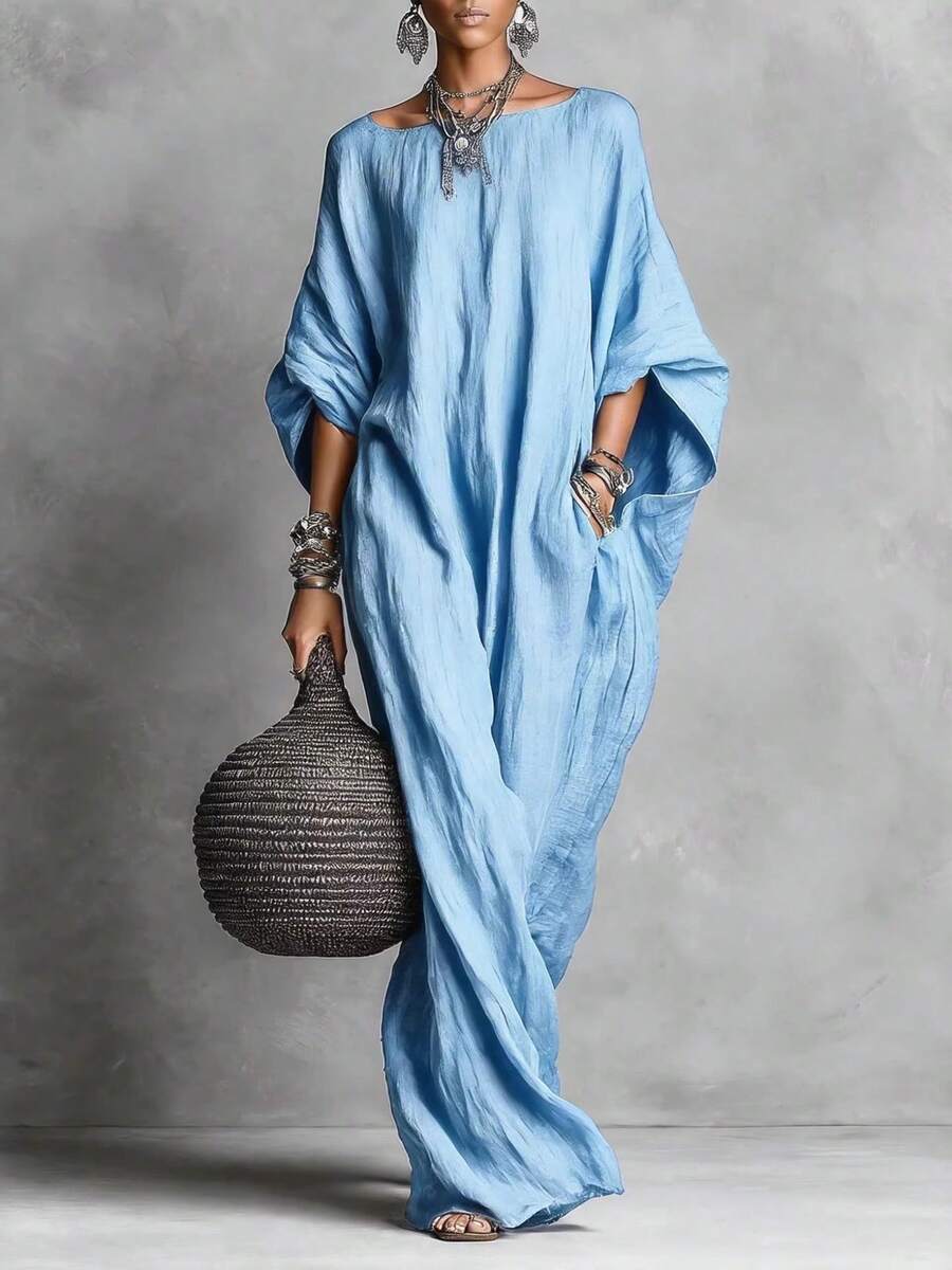 Elegant Solid Color Casual Maxi Dress, European American Retro Style 2026, Women's Long Sleeve Off-Shoulder - 酒紅色 - 查看 1