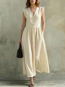 Vestido Sin Mangas Mujer Primavera Verano 2026, Cuello V con Bordes con Volantes en Tela Algodón Lino Estilo Casual - Verde militar - Ver 3