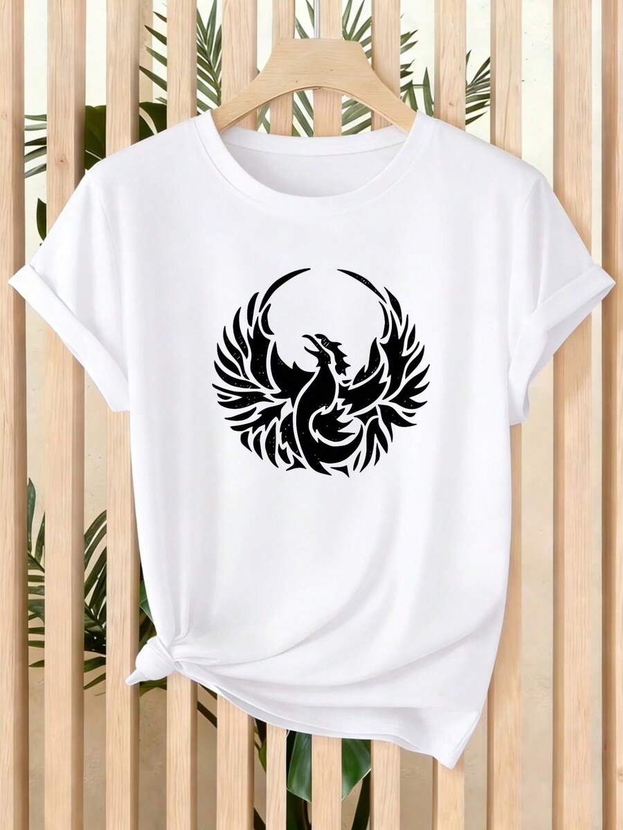 Limited Time Offer, Limited Quantities, Flash ! Women's Casual Shirts, Women's Polyester T-Shirts, Elegant Shirts. Women's Short-Sleeve T-Shirt With Phoenix And Crescent Moon Design - Casual Crew Neck Blouse, Machine Washable, Summer Essential For Casual Outfits, Office, Or Special Occasions - Stylish Phoenix Print For Skin Tones - 白色 - 查看 1