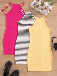 Conjunto de 3 piezas para niñas preadolescentes: Vestido sin mangas con cuello halter ajustado y cómodo, con diseño acanalado y liso, para la vuelta al colegio - Amarillo - Ver 3