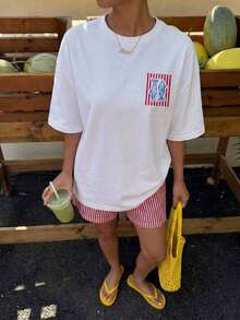 Women's Oversized T-Shirt With Pink And Red Striped Slogan Print, Casual Summer Holiday Style, Loose Fit, Round Neck, Short Sleeve, Comfortable - 白色 3 - 查看 2