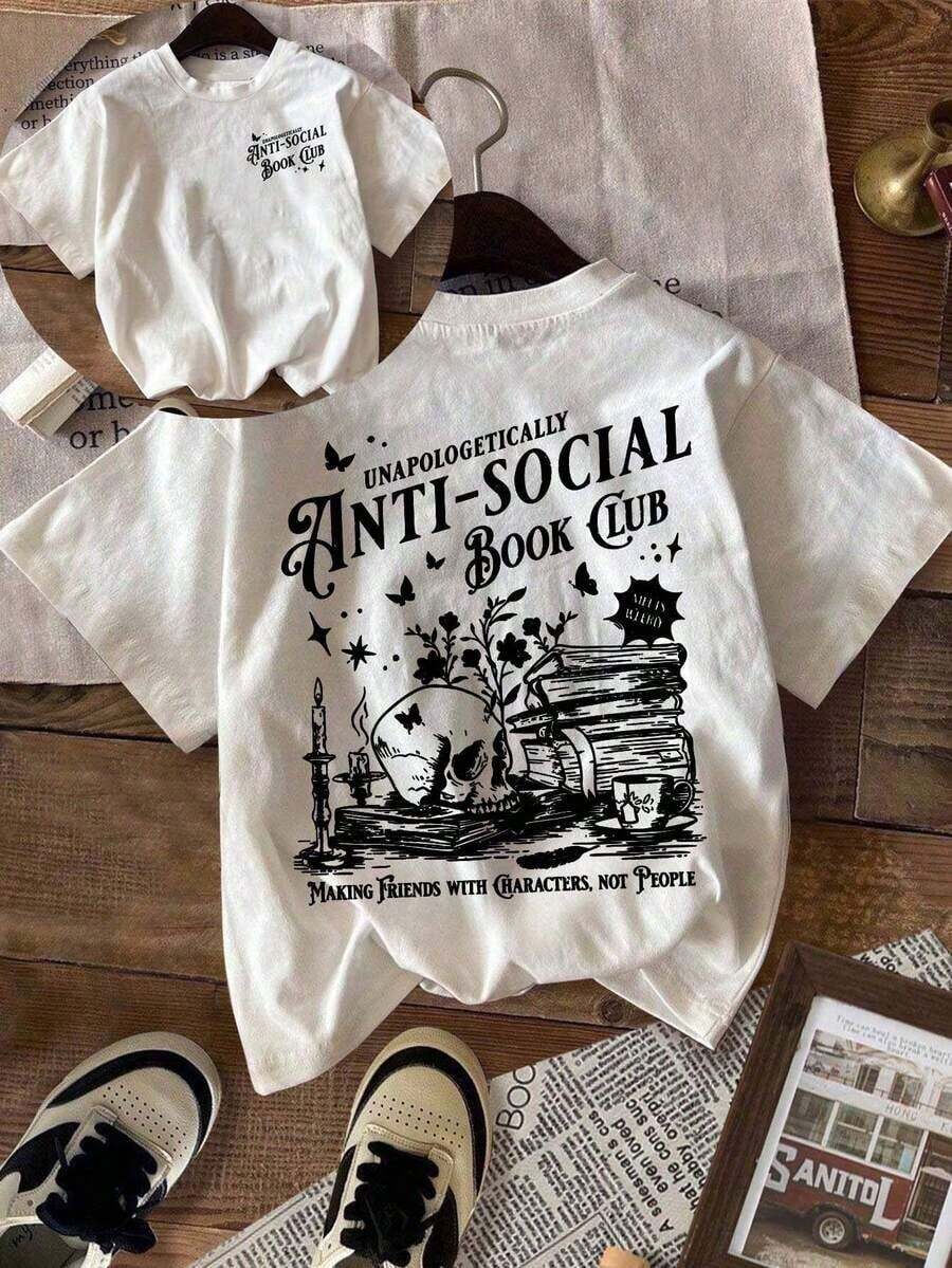 Antisocial Book Club, Skull Literature, Introverted Bookworm, Casual Short Sleeve Crew Neck Printed T-Shirt, Women's Summer Top. Breathable And Comfortable. - 白色 - 查看 1