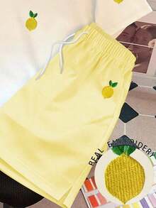 Conjunto de 2 piezas de camiseta y pantalones cortos casuales de mujer con bordado floral, para verano - Multicolor 4 - Ver 5