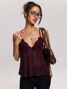 Camiseta de tirantes de mujer casual para vacaciones en la playa, con contraste de encaje y malla, adecuada para la playa, vacaciones, salidas casuales - Morado Violeta - Ver 6